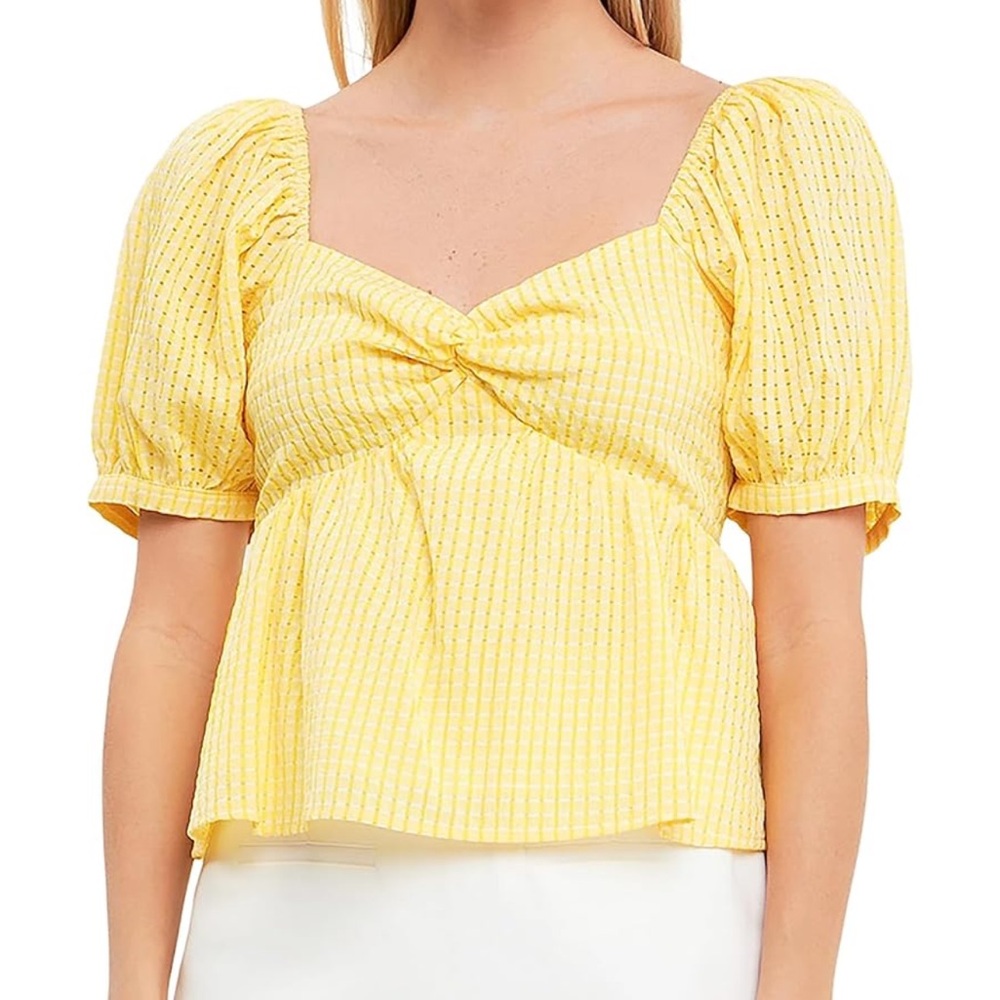 **NWT** English Factory Yellow Check Print Puff Sleeve Top